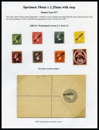 Stamp of St. Vincent 1885-93 CA perf 14, 1890-93 CA perf 14, 1893 5d. on 6d. and postal stationery 1893 2d. registered envelope group of SPECIMENS