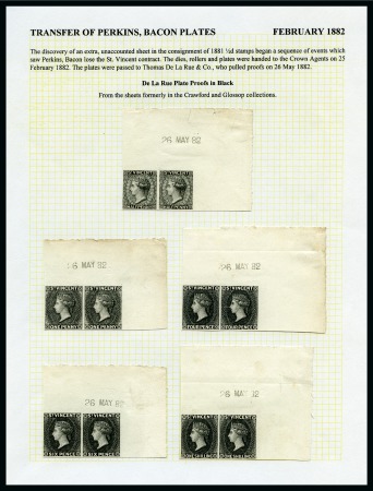 Stamp of St. Vincent 1882-83 The De La Rue Plates Imperforate Plate Proofs: 1/2d., 1d., 4d., 6d. and 1/-, each in an upper right corner pairs in black on thin card