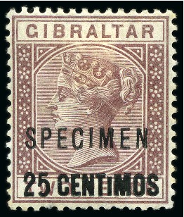 Stamp of Gibraltar 1889 Surcharge 25c on 5c with "short I" variety and SPECIMEN overprint