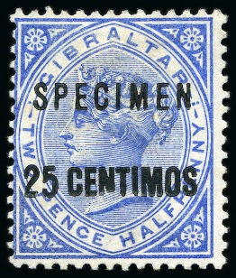 Stamp of Gibraltar 1889 Surcharge 25c on 2 1/2d with "broken N" variety and SPECIMEN overprint
