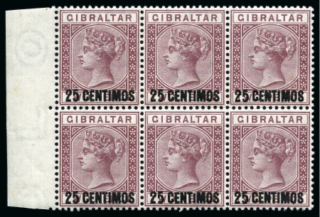 Stamp of Gibraltar 1889 Surcharge 25c on 5d with "short I" variety in mint left marginal block of 6
