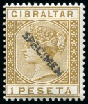 Stamp of Gibraltar 1889-96 Spanish Currency 5c to 5p set of 12 with SPECIMEN hs diagonally applied in Gibraltar