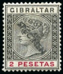 Stamp of Gibraltar 1889-96 Spanish Currency 5c to 5p set of 12 with SPECIMEN hs diagonally applied in Gibraltar