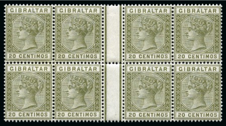 Stamp of Gibraltar 1889-96 Spanish Currency 20c olive-green in mint nh interpanneau block of eight