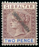 Stamp of Gibraltar 1898 Sterling Currency 2d and 6d with diagonal SPECIMEN hs applied in Gibraltar
