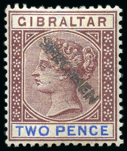 Stamp of Gibraltar 1898 Sterling Currency 2d and 6d with diagonal SPECIMEN hs applied in Gibraltar