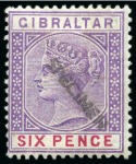 Stamp of Gibraltar 1898 Sterling Currency 2d and 6d with diagonal SPECIMEN hs applied in Gibraltar