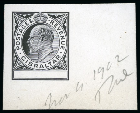 Stamp of Gibraltar 1902 KEVII undenominated master die proof for the low values in black on glazed card