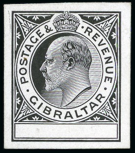 Stamp of Gibraltar 1902 KEVII undenominated master die proof for the low values in black on glazed card