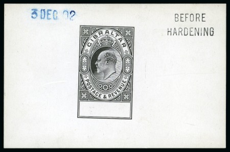 Stamp of Gibraltar 1902 KEVII undenominated master die proof for the high values in black on glazed card