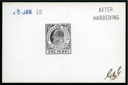 Stamp of Gibraltar 1902 KEVII 1d Die proof in black on glazed card, dated 28 JAN 03 with "AFTER HARDENING" hs