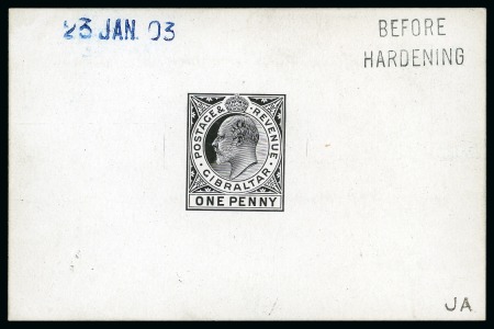 Stamp of Gibraltar 1902 KEVII 1d Die proof in black on glazed card, dated 23 JAN 03 with "BEFORE HARDENING" hs