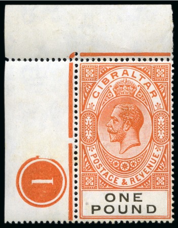 Stamp of Gibraltar 1925-32 New Values & Colours Changed £1 orange & black mint nh top left corner marginal single with plate number "1"