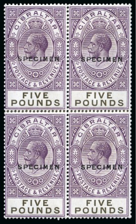 Stamp of Gibraltar 1925-32 New Values & Colours Changed £5 violet & black with SPECIMEN overprint in re-constructed block of four