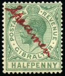 Stamp of Gibraltar 1921-27 1/2d Green and 1925-32 1s sage-green & black, each with manuscript "Specimen" in red