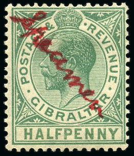 Stamp of Gibraltar 1921-27 1/2d Green and 1925-32 1s sage-green & black, each with manuscript "Specimen" in red