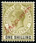 Stamp of Gibraltar 1921-27 1/2d Green and 1925-32 1s sage-green & black, each with manuscript "Specimen" in red