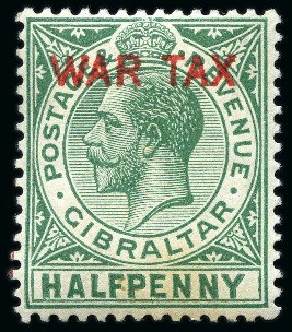 Stamp of Gibraltar 1918 War Tax 1/2d green ESSAY with overprint in red