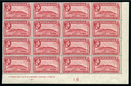Stamp of Gibraltar 1938-51 1 1/2d Carmine perf.14 in mint lower right corner marginal block of 16 with printer's imprint and plate number