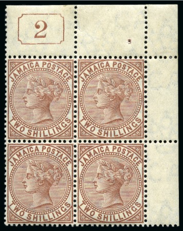 Stamp of Jamaica 1905-11 Wmk Multi CA 4d red-brown, 6d lilac, 6d golden yellow and 2s Venetian red in mint blocks of four