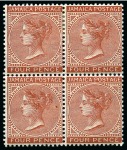 Stamp of Jamaica 1905-11 Wmk Multi CA 4d red-brown, 6d lilac, 6d golden yellow and 2s Venetian red in mint blocks of four