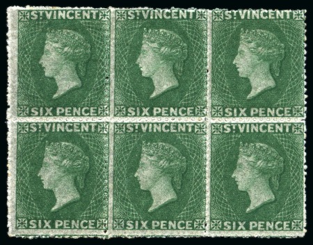 Stamp of St. Vincent 1862 6d. deep green block of six, unused with large part to full original gum