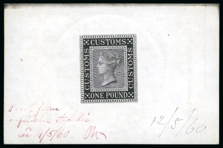 Stamp of Great Britain » Revenues CUSTOMS: 1860 4d to £10 group of seven die proofs in black on white glazed card