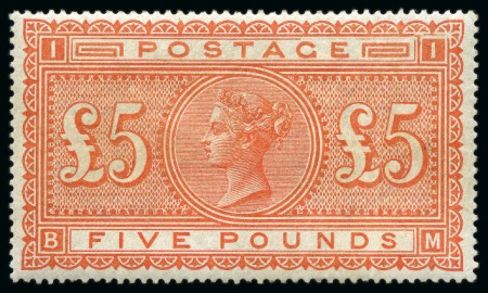 Stamp of Great Britain » 1855-1900 Surface Printed » 1867-83 High Values 1867-83 £5 Orange pl.1 BM on white paper, mint og