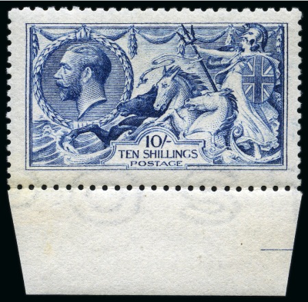 Stamp of Great Britain » King George V » 1913-19 Seahorse Issues 1915 De La Rue Seahorses 10s deep blue mint og lower marginal example