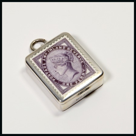 Stamp of Stamp Boxes English Silver Boxes: 1890 London sprung pocket dispenser with hinged lid at top finely enamelled with an 1881 1d lilac