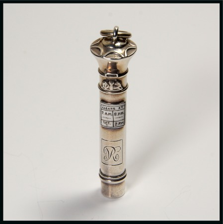 Stamp of Stamp Boxes Ephemera: A Novelty English silver and enamel propelling pencil in the form of a Victorian post pox by Sampson Mordan & Co., London