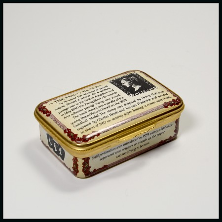 Stamp of Stamp Boxes Ephemera: A porcelain stamp/pill box by Halcyon Days Enamels with lid depicting a 1840 1d. black
