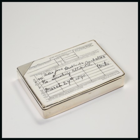 Stamp of Stamp Boxes Ephemera: 1887 London silver and enamel novelty box depicting a Post Office Telegraph