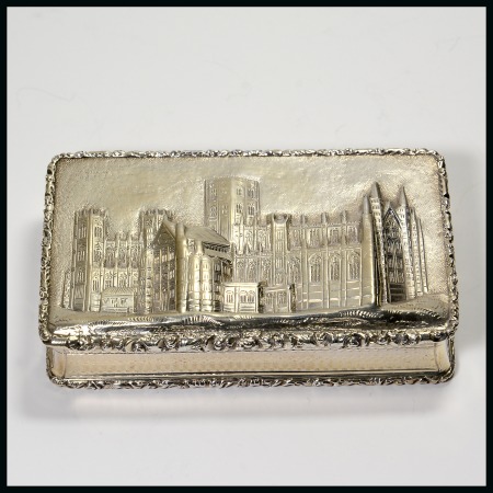 Stamp of Stamp Boxes 1866 Birmingham silver snuff box depicting Durham Cathedral in relief, gilt interior, very fine