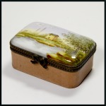 Stamp of Stamp Boxes Miscellaneous Materials: Handpainted porcelain stamp box with two sliding compartments, depicting a house on a riverside