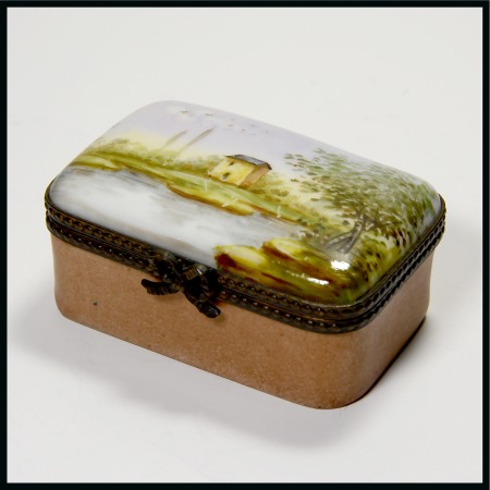 Stamp of Stamp Boxes Miscellaneous Materials: Handpainted porcelain stamp box with two sliding compartments, depicting a house on a riverside