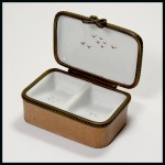 Stamp of Stamp Boxes Miscellaneous Materials: Handpainted porcelain stamp box with two sliding compartments, depicting a house on a riverside