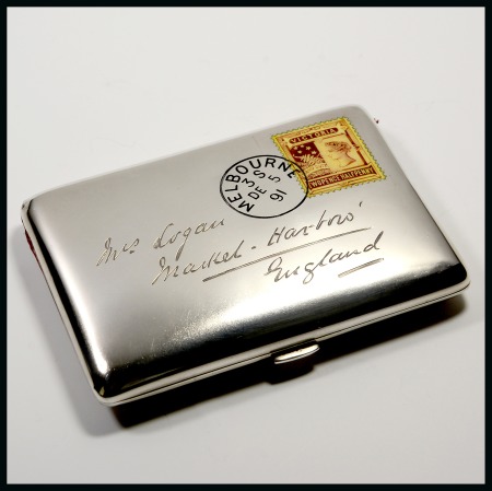 Stamp of Stamp Boxes Ephemera: A novelty silver card case in the form of a letter, the front bearing a finely handpainted enamel Victoria 2 1/2d stamp