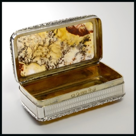 Stamp of Stamp Boxes 1831 Birmingham silver snuff box by Nathaniel Mills, with glass stop showing dried flora