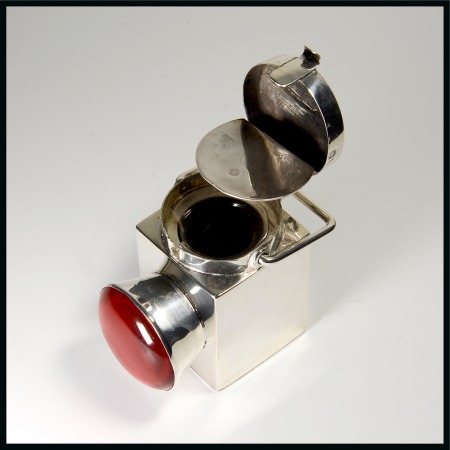Stamp of Stamp Boxes English Silver Boxes: 1894 London silver novelty stamp box and inkwell combined in the form of a railway lantern by Samuel Jacob