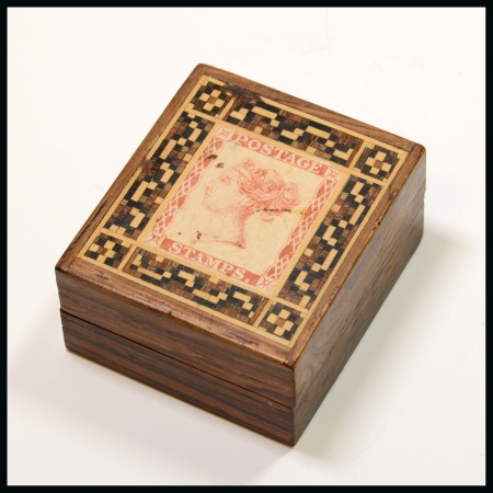 Stamp of Stamp Boxes Miscellaneous Materials: Tunbridge ware stamp box with a printed image of an imitation stamp in red on top