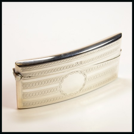 Stamp of Stamp Boxes 1908 Birmingham silver curved card case with hinged lid, very fine