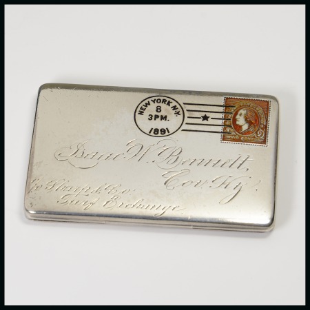 Stamp of Stamp Boxes American Boxes: 1890 Silver novelty pocket case in the form of an envelope bearing a miniature enamelled 2c. stamp 