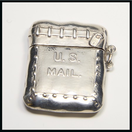 Stamp of Stamp Boxes American Silver Boxes: Novelty sterling silver single compartment case in the form of a mail bag