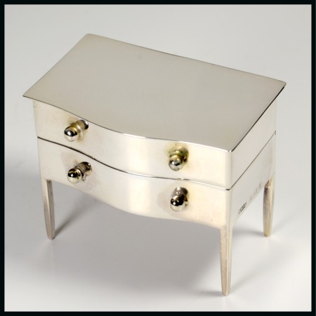 Stamp of Stamp Boxes English Silver Boxes: 1909 Birmingham silver novelty four compartment box in the form of a two drawer chest by A & J Zimmerman