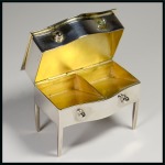 Stamp of Stamp Boxes English Silver Boxes: 1909 Birmingham silver novelty four compartment box in the form of a two drawer chest by A & J Zimmerman