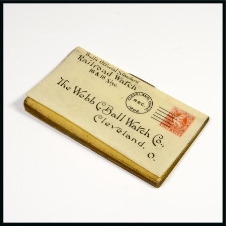 Stamp of Stamp Boxes Ephemera: A celluloid-cover advertising stamp case for "Balls official standard railroad watch"