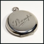 Stamp of Stamp Boxes English Silver Boxes: 1901 Birmingham silver single compartment case in the form of a pocket watch by Ahronsberg Brothers