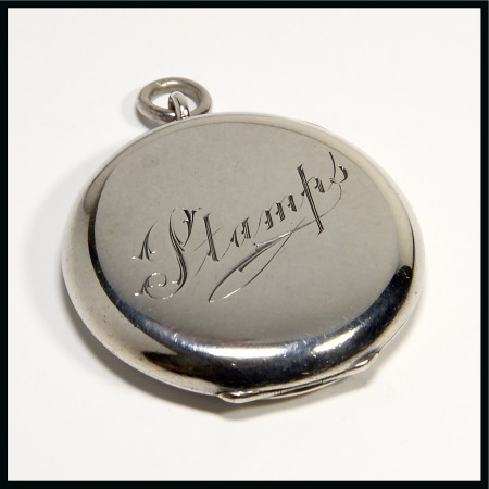 Stamp of Stamp Boxes English Silver Boxes: 1901 Birmingham silver single compartment case in the form of a pocket watch by Ahronsberg Brothers