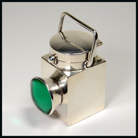 Stamp of Stamp Boxes English Silver Boxes: 1896 London silver novelty stamp box and inkwell combined in the form of a railway lantern by Samuel Jacob